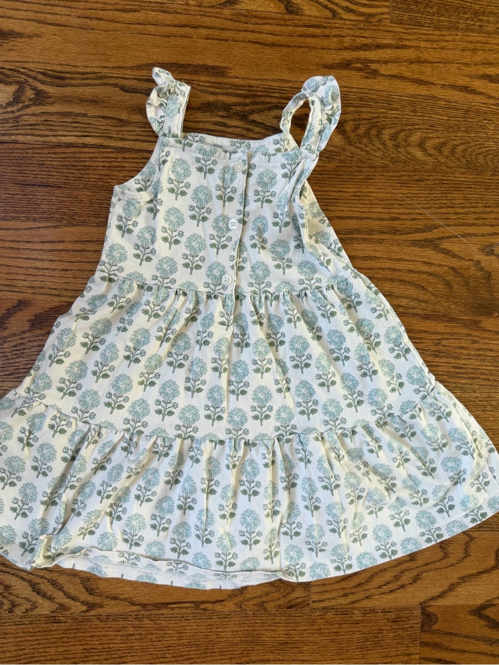 Girls White Dress with Green Floral Print and Ruffle Straps - Picture 2 of 3